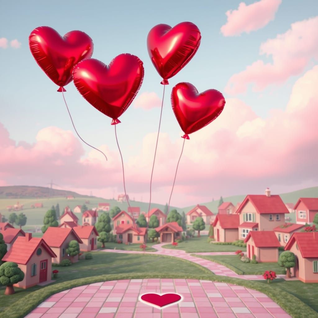 Whimsical Pink Village with Shiny Balloon Hearts