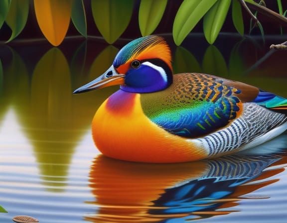 Hyperrealistic Mandarin Duck in Pond Setting