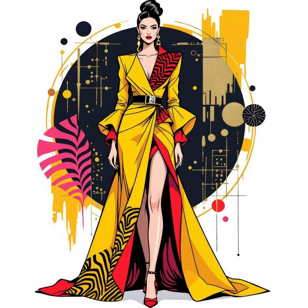 Elegant Woman in Yellow Dress With Red Black Accents