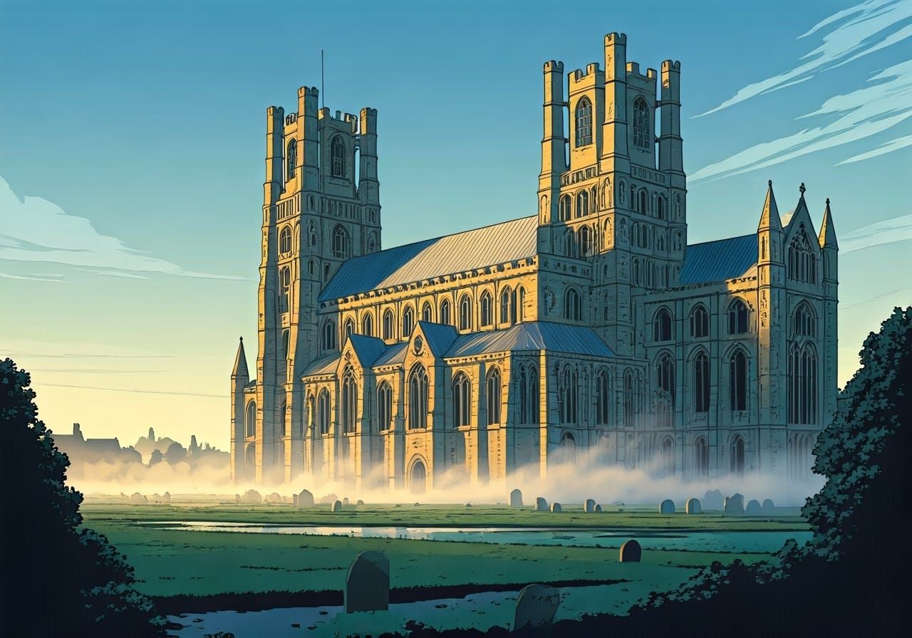 Ely Cathedral in Serene Fens Landscape, Comic Book Art