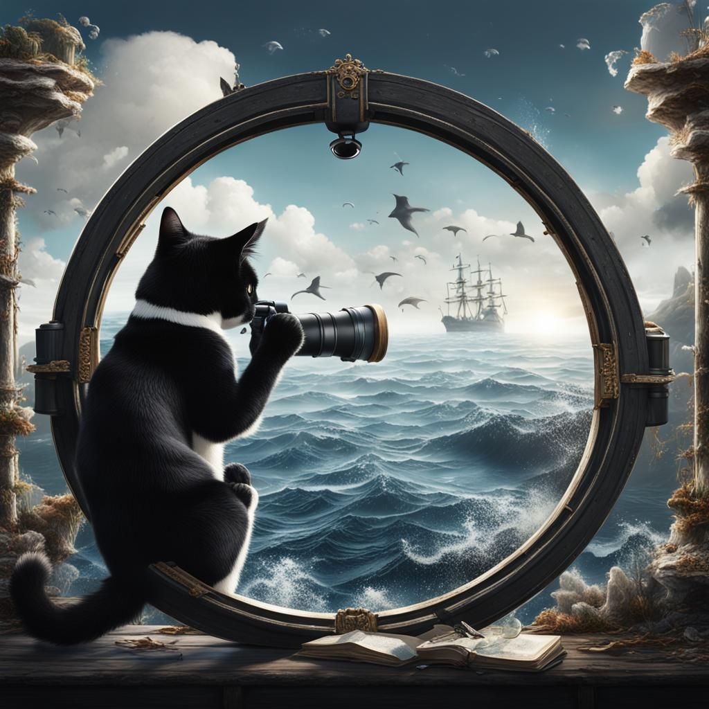 Black and White Cat Observes Ocean as Matte Painting