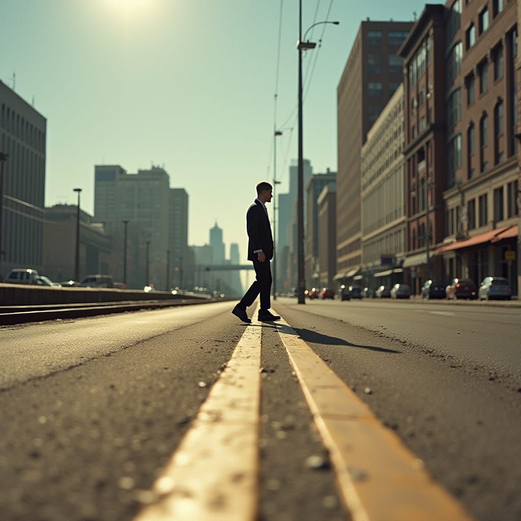 Man Walking Through Abstract Geometric Landscape