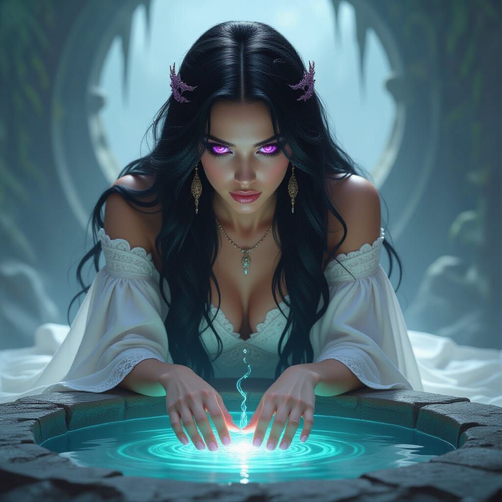 Goddess and Dark Magic Pool, in Frazetta Style