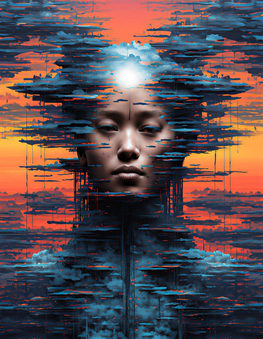 Futuristic Glitch Art with Veiled Woman and Abstract Designs