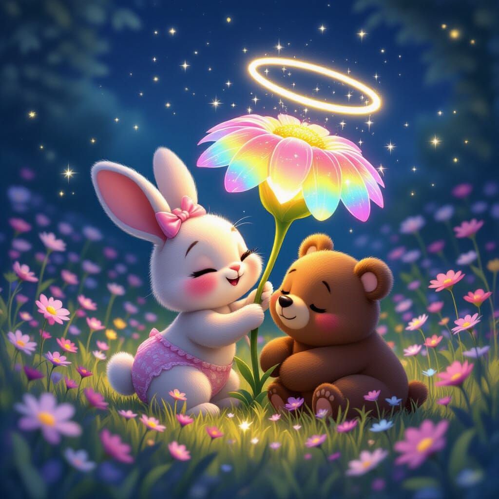 Pixar Style Magical Meadow with Bunny and Bear