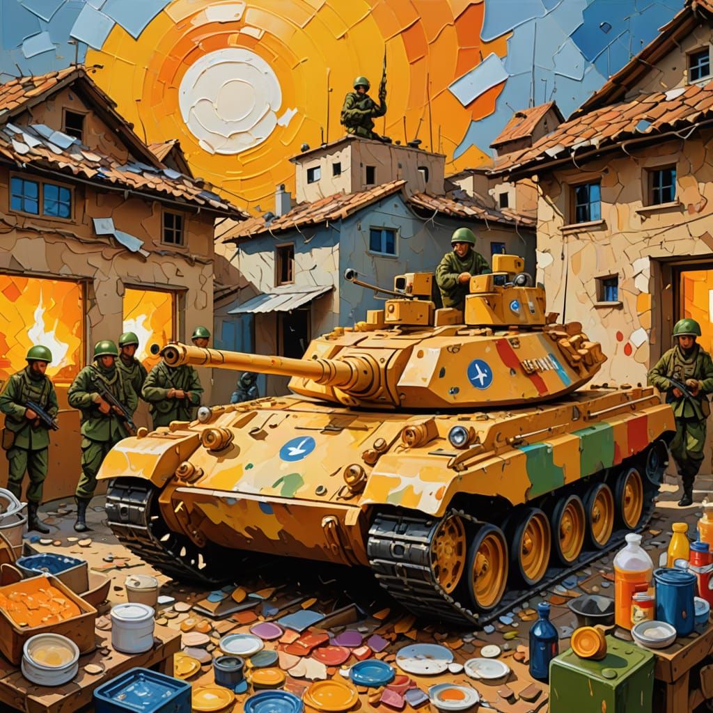 Vibrant Neo-Impressionist Soldiers Amidst a Cluttered Kitche...
