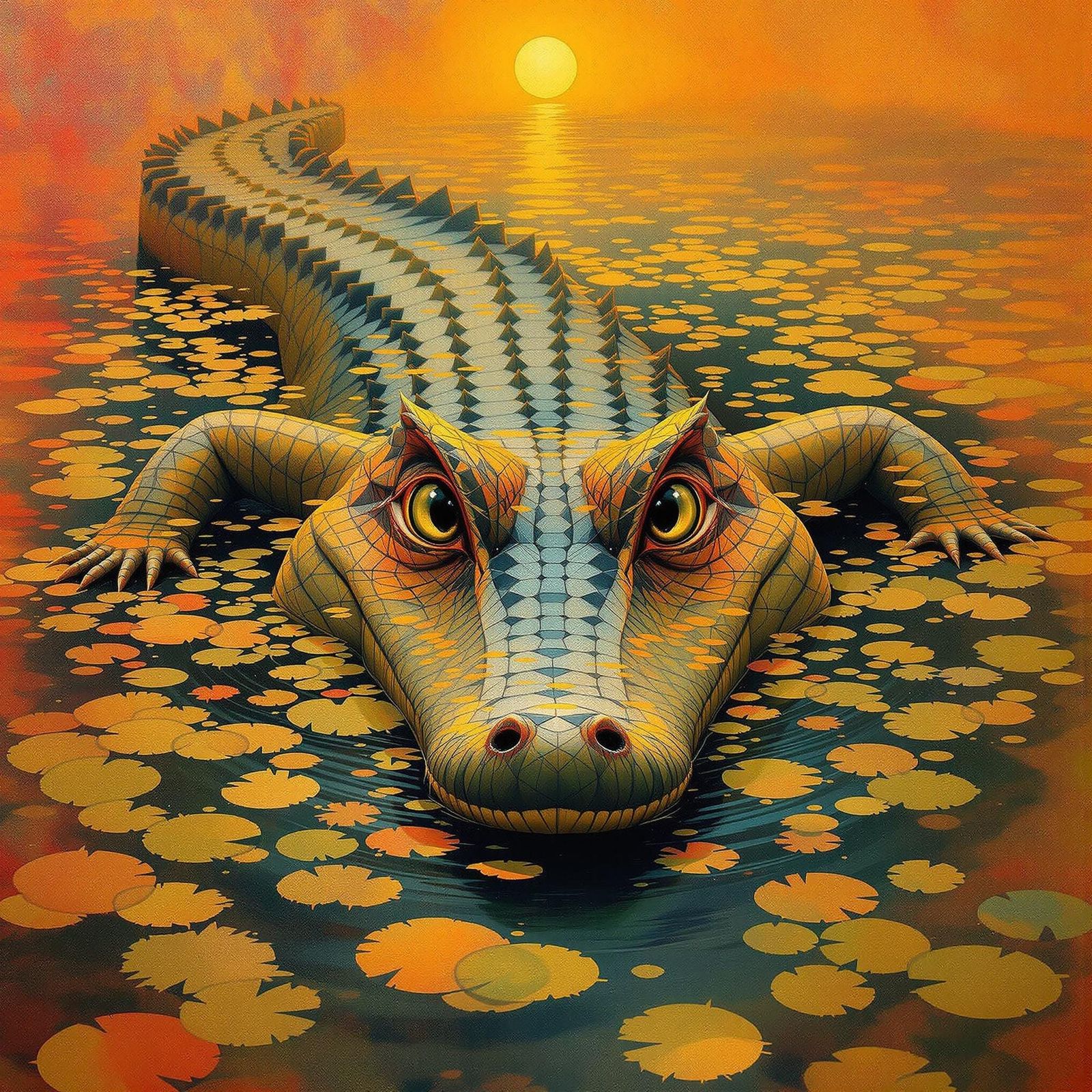 Warm Crocodile Peeks from Water's Surface in Vibrant Fantasy...