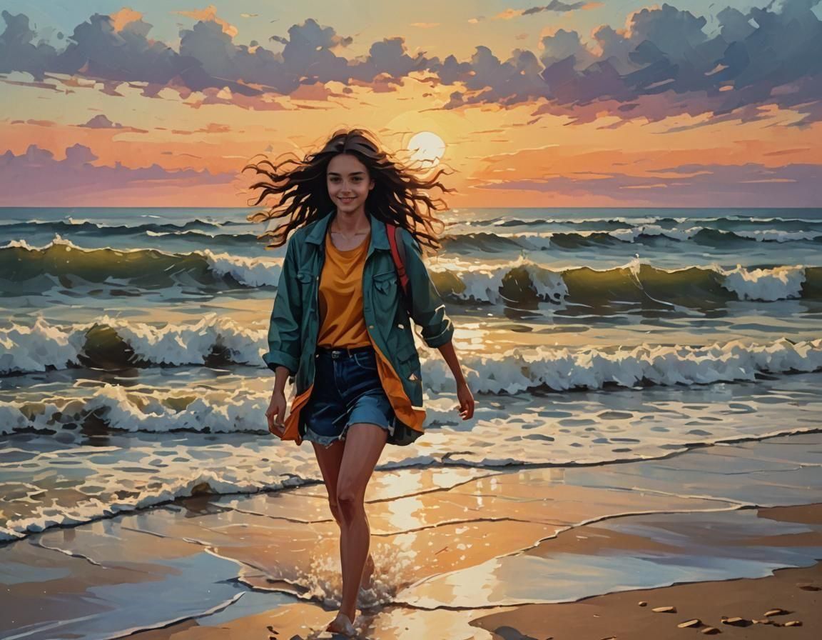 Teenage Girl on Beach at Sunset: Abstract Art