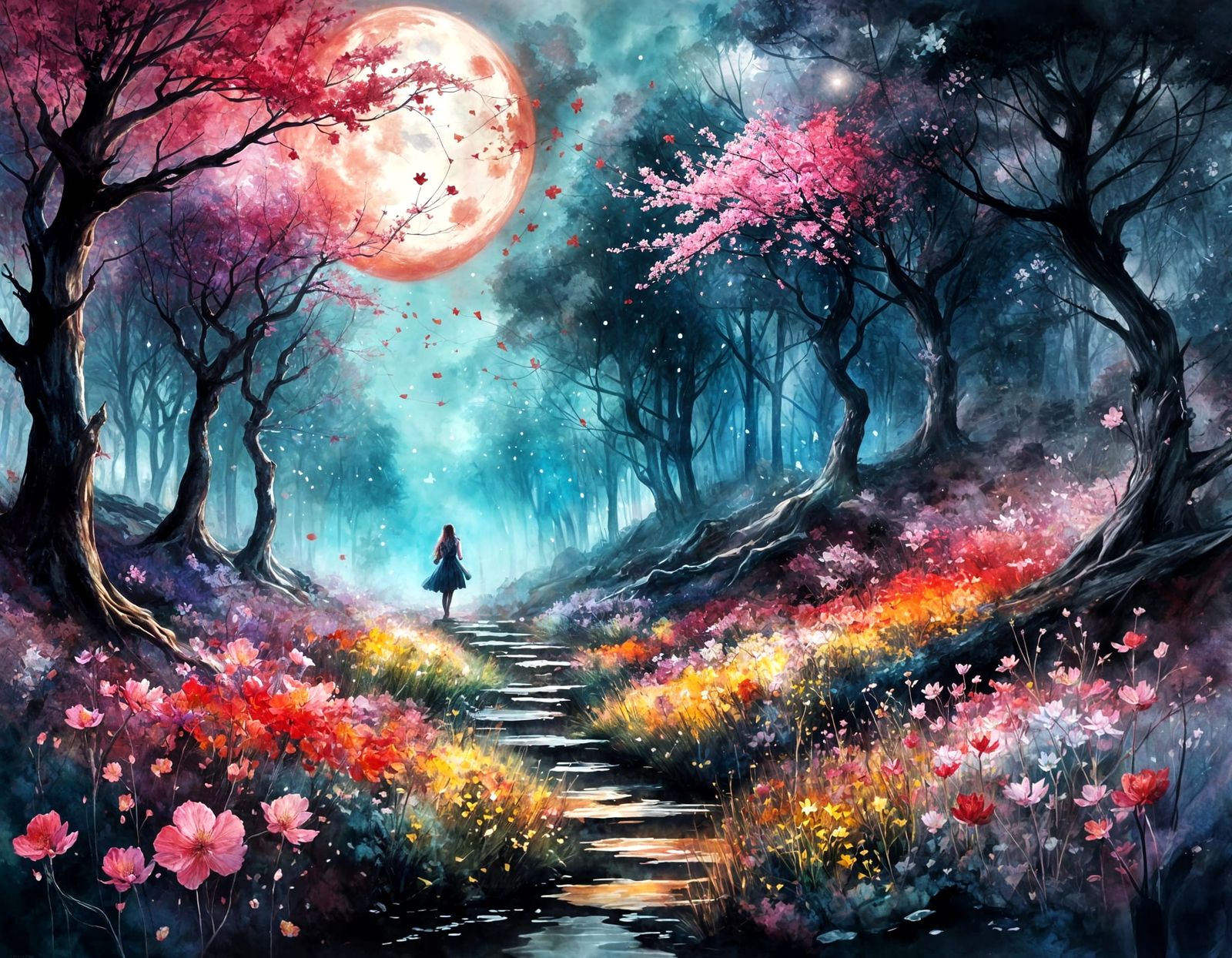 Enchanted Forest Glade at Sunset in Watercolor Style