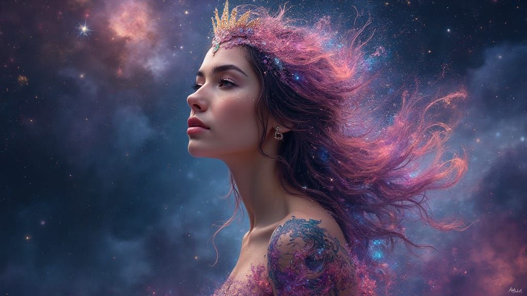 Cosmic Goddess with Star Crown in Hyperrealism