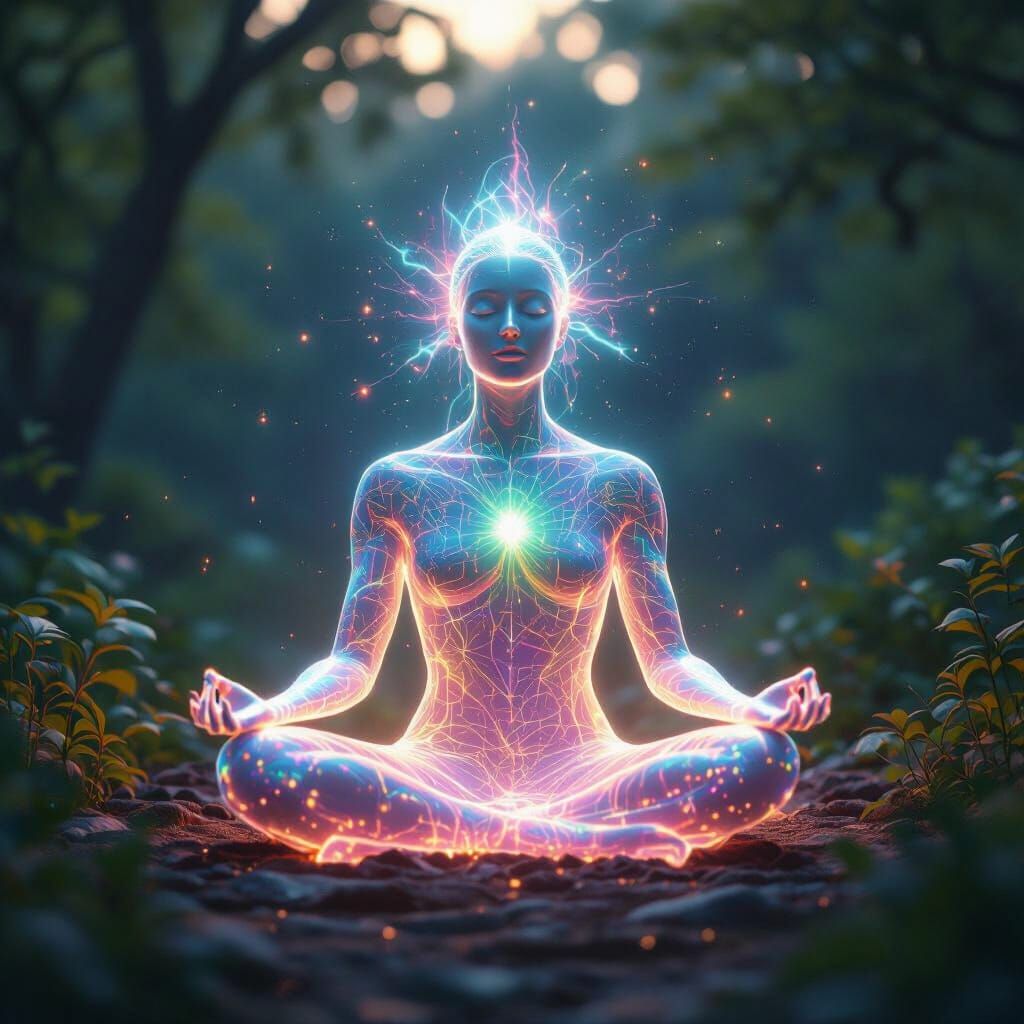 Iridescent Meditating Figure Radiating Cosmic Energy