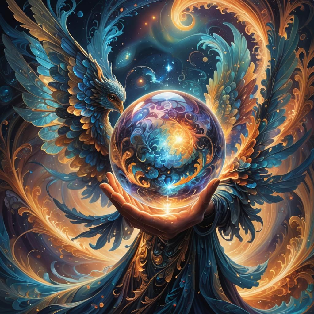 Mystical Being with Fractal Orb: Fantasy Oil Painting