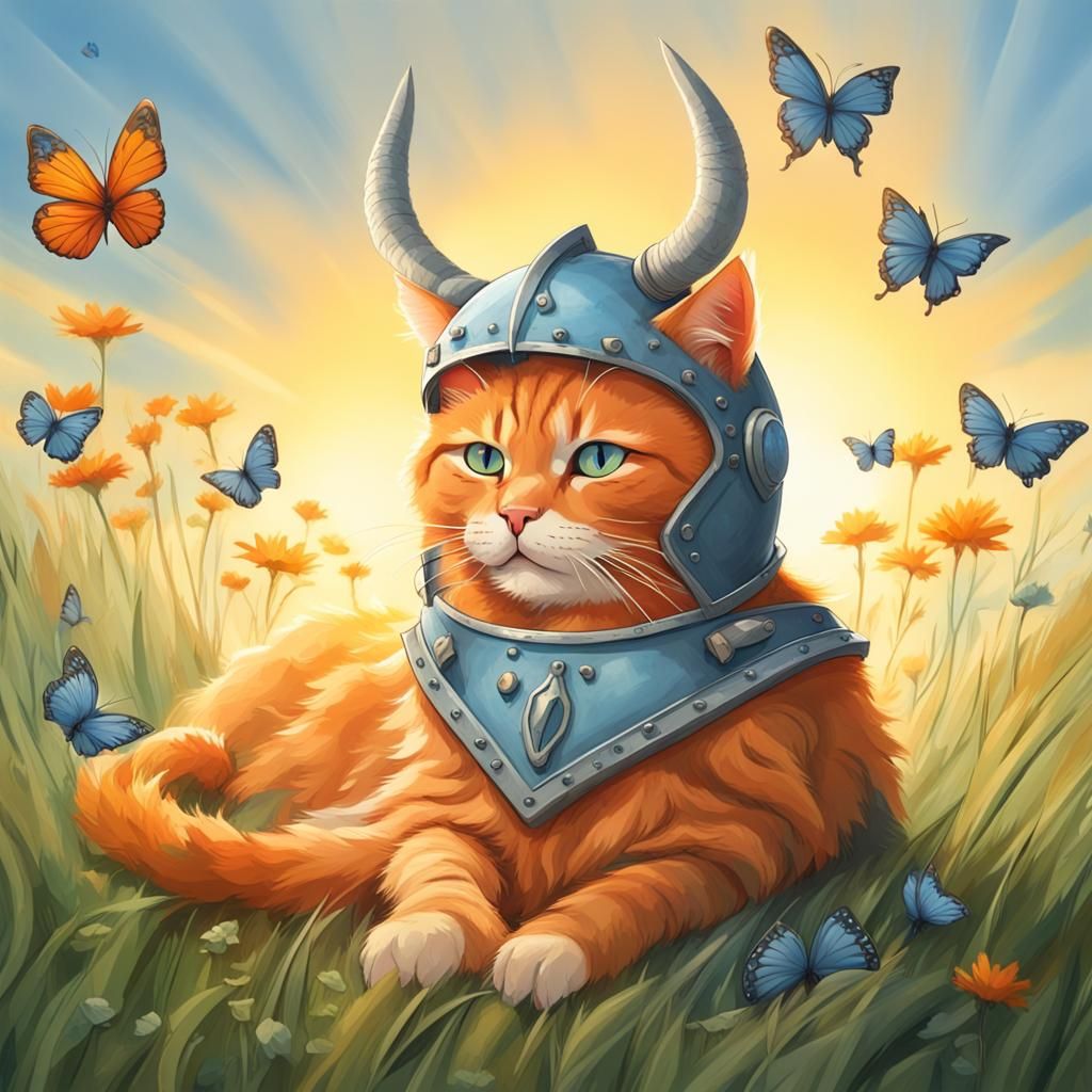 Helpless Orange Cat in Viking Helmet