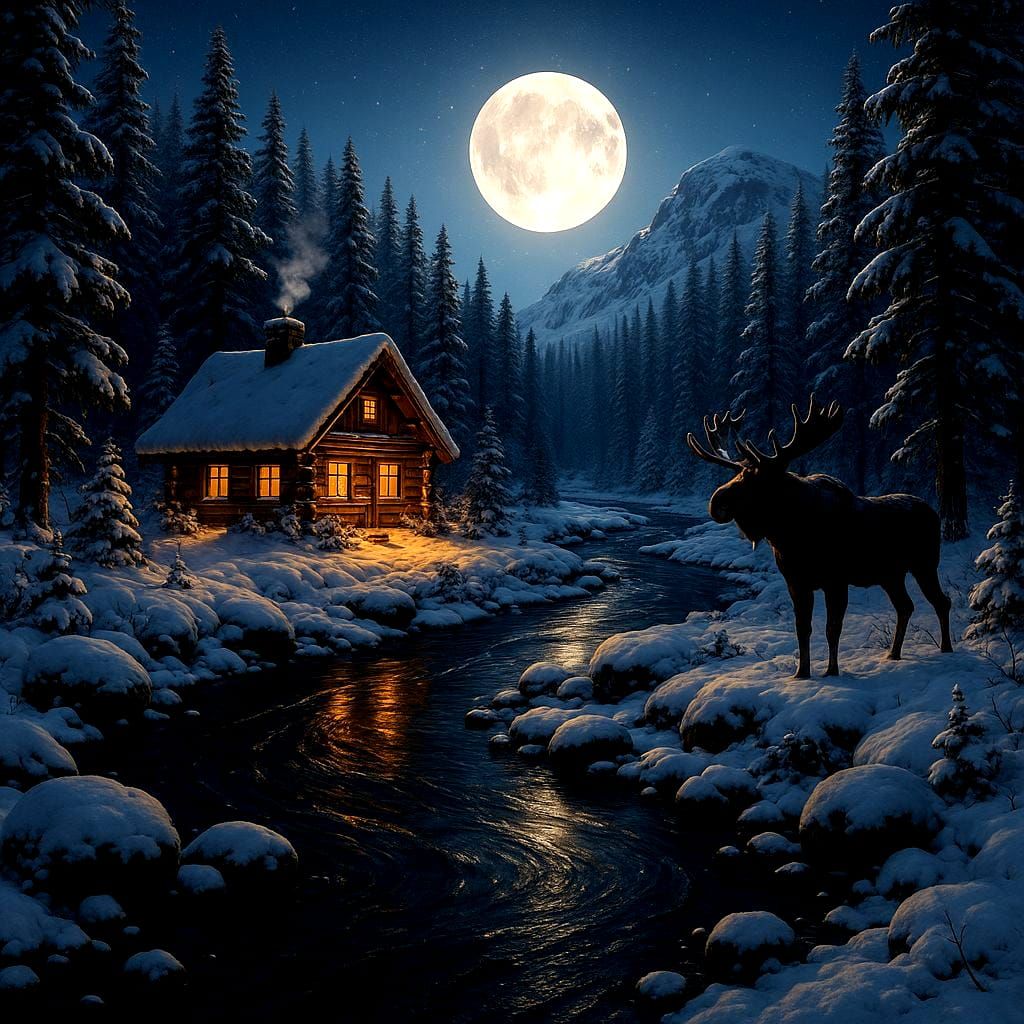 Cozy Cabin by Mountain River in Winter