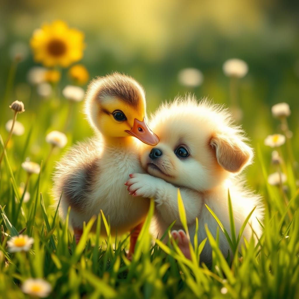 Duckling and Puppy Playtime: A Whimsical Meadow Scene