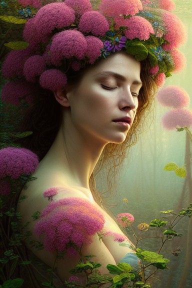 Ethereal Woman Portrait with Flower Crown in Digital Paintin...