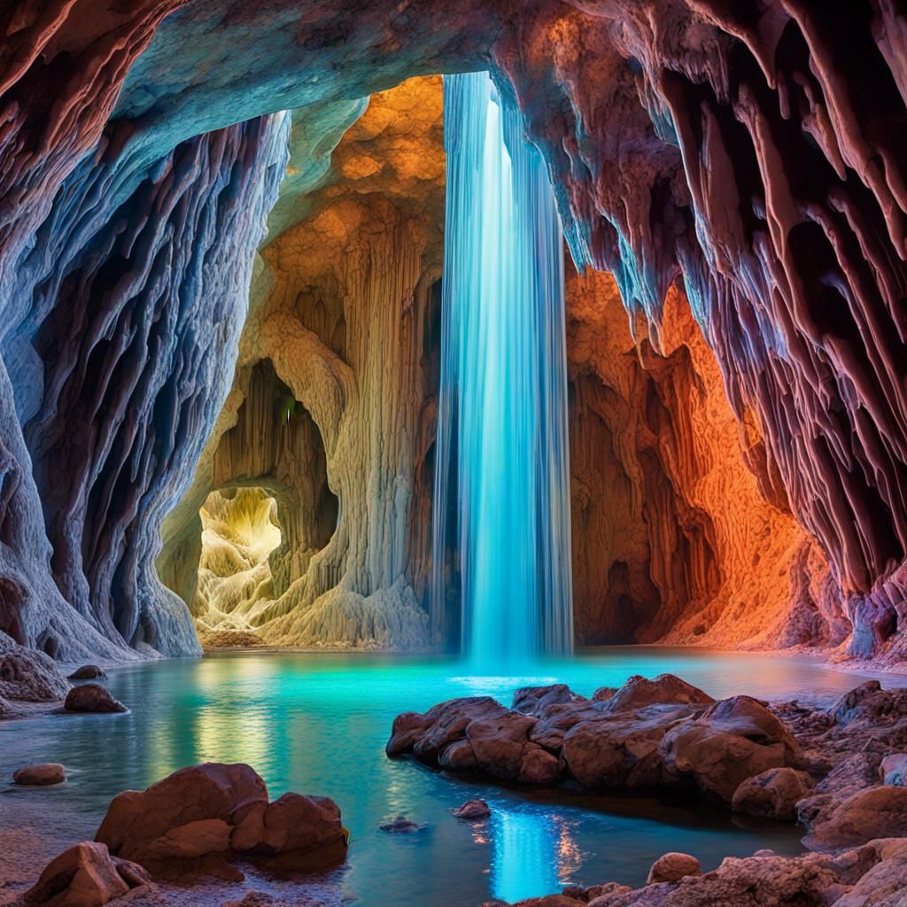 A cave with a waterfall