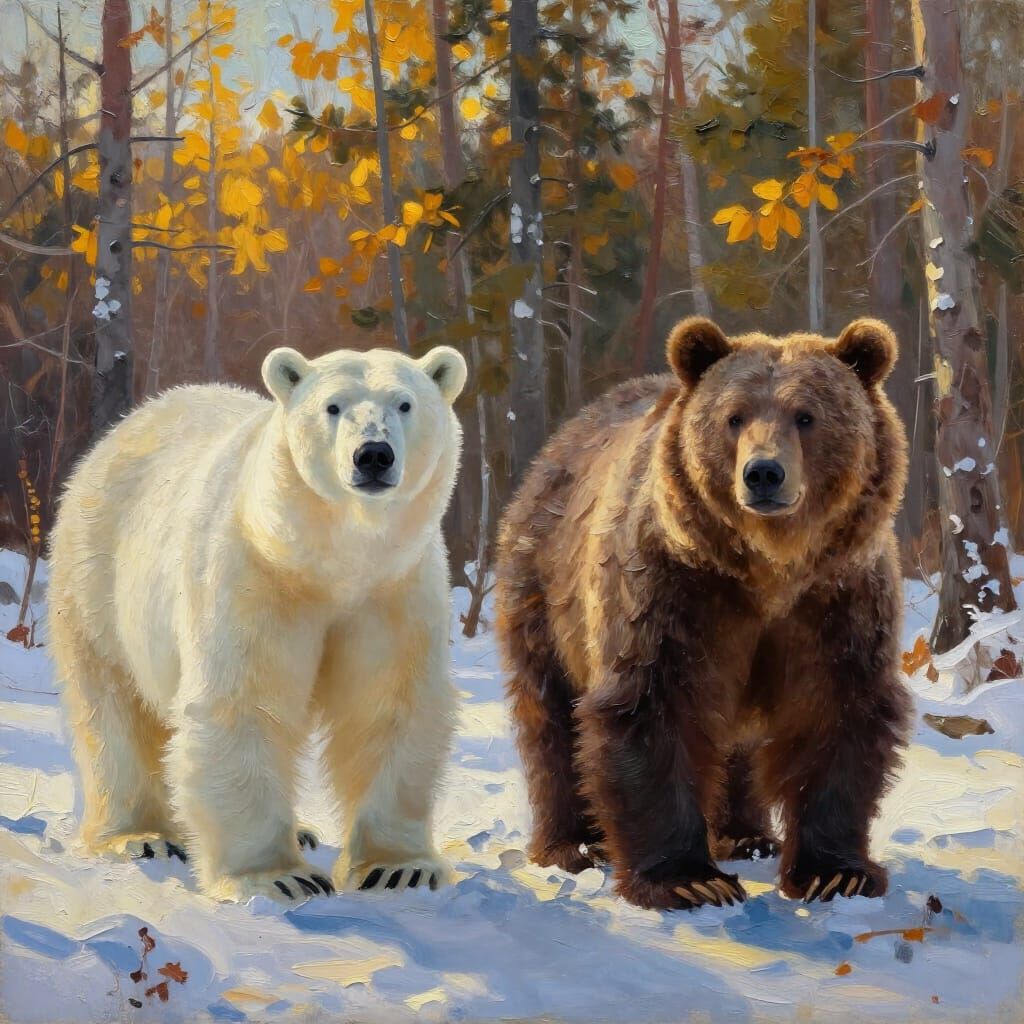 Bears in Contrasting Seasons Oil Painting