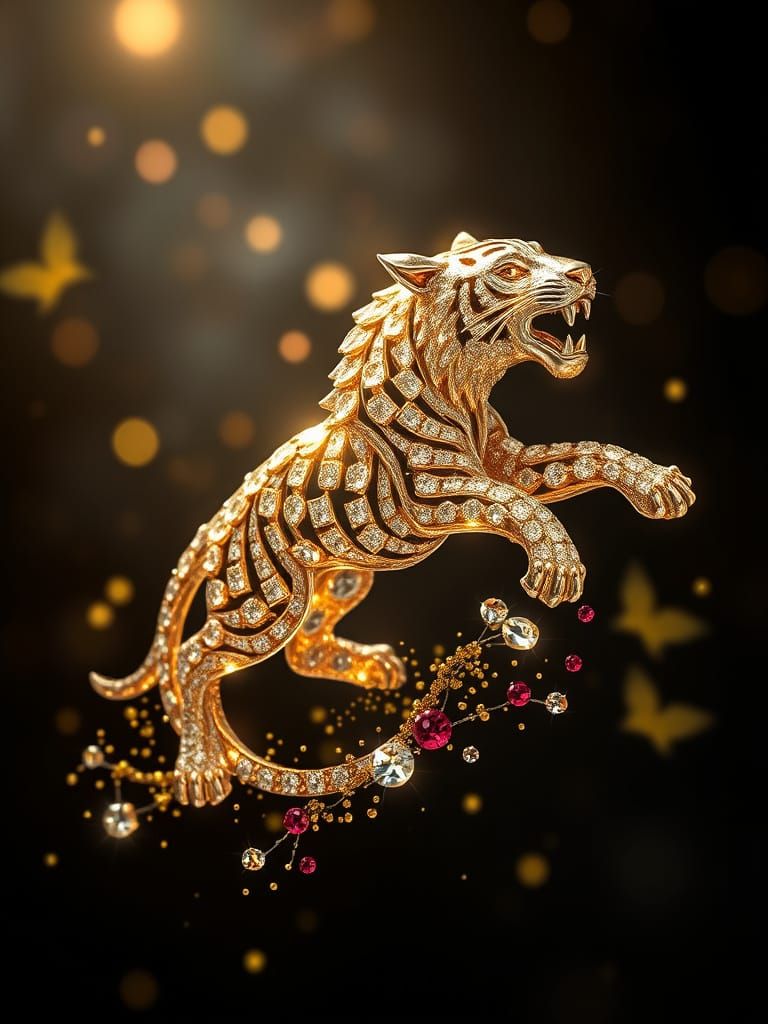 Dynamic Tiger Brooch with Crystal and Silver