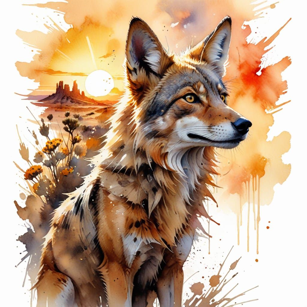 Desert Coyote Howling at Sunset in Watercolour Style