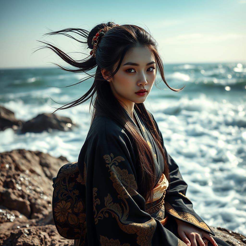 Mysterious Chinese Witch in Dramatic Sunrise Sea Portrait