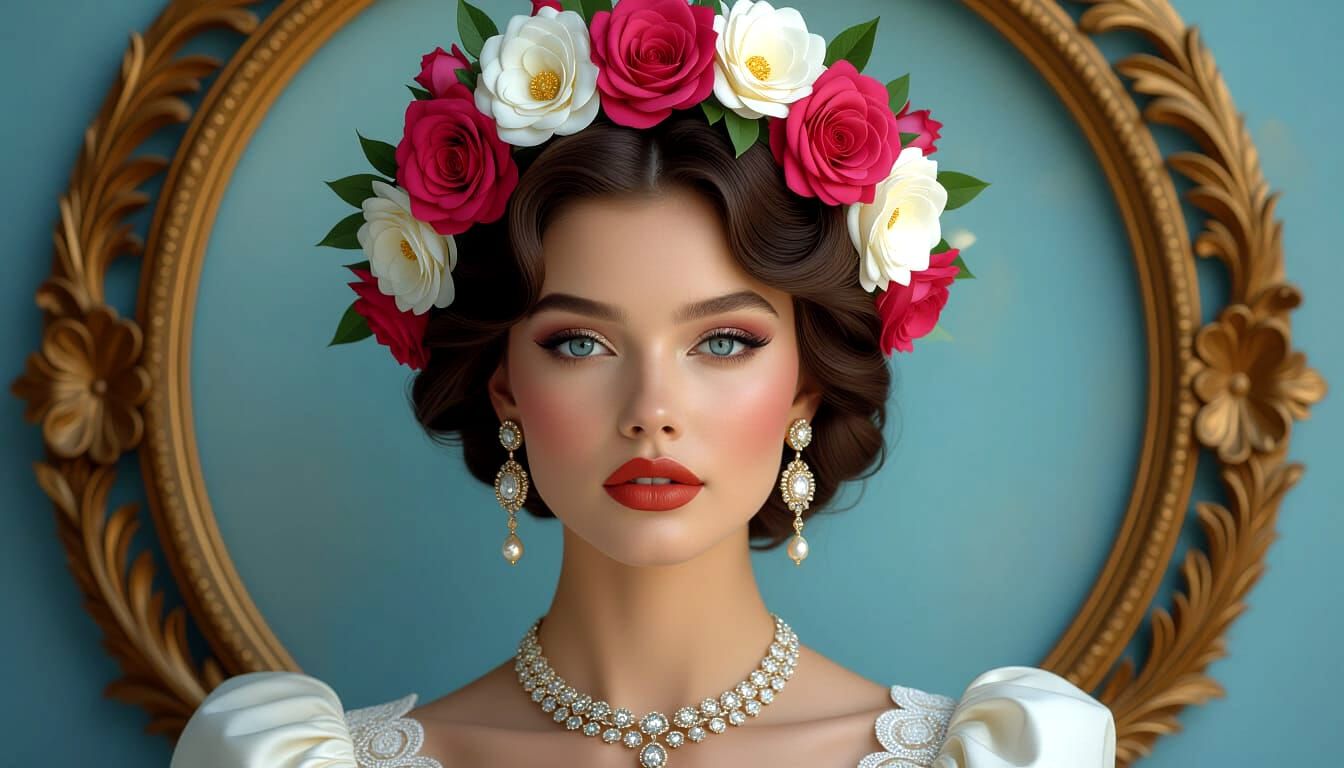 Metallic Marble Woman with Floral Wreath in Ink Art Style