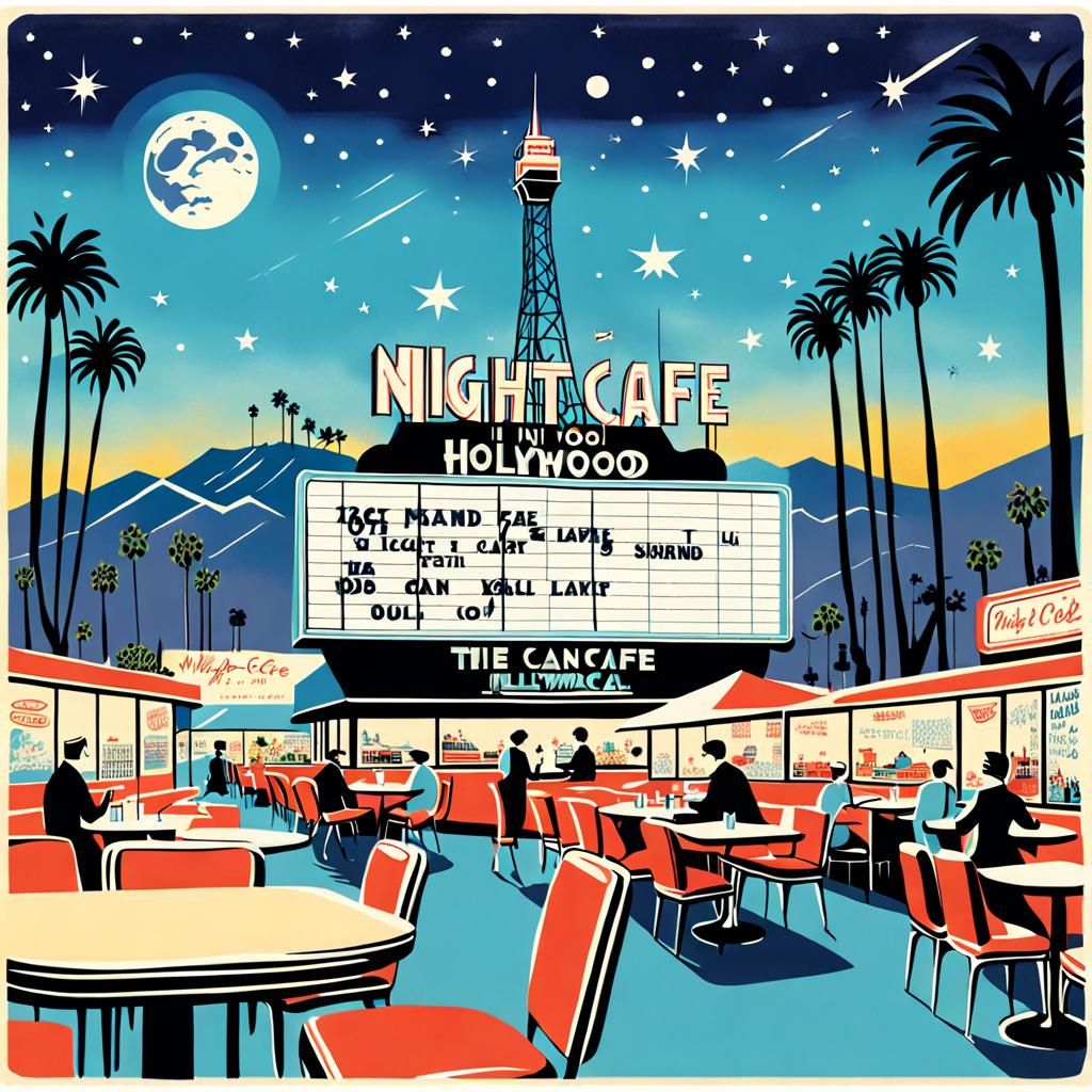 has this text: NightCafe in Hollywood
Whimsical illustrations
NightCafe caption on a retro screen in the 1960s, featuri...