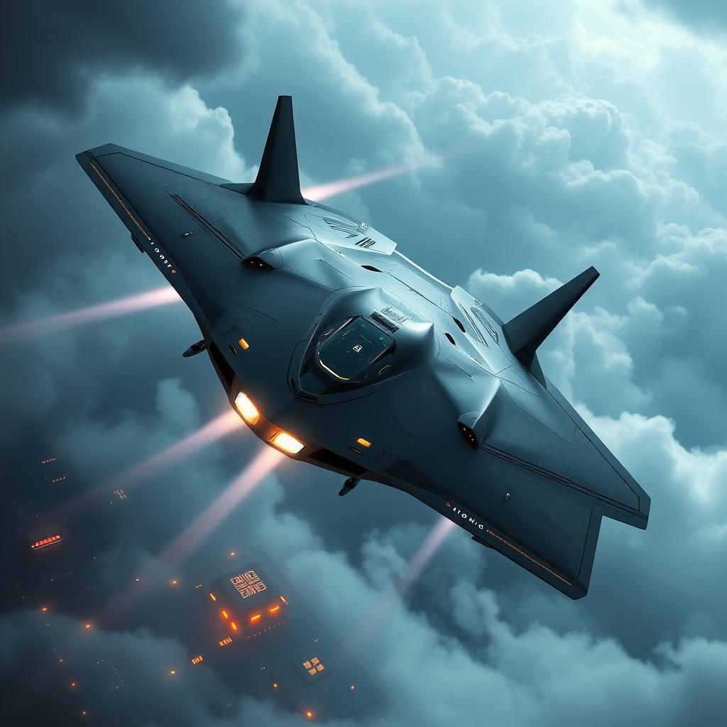 Futuristic Stealth Fighter Jet Maneuvering in Stormy Sky