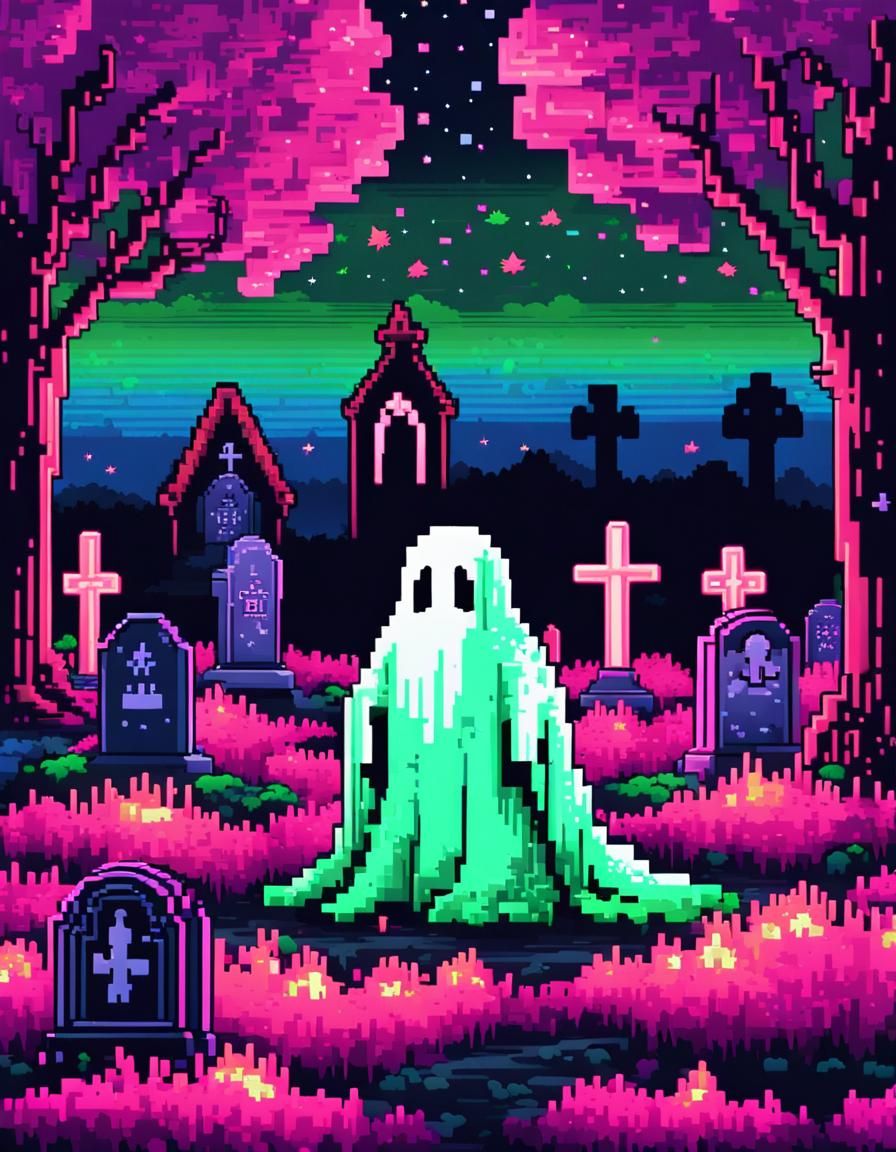Cute Ghost in Graveyard: Retro Pixel Art