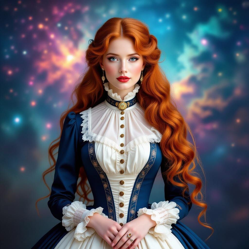 Victorian Woman with Cosmic Background in Hyperrealism