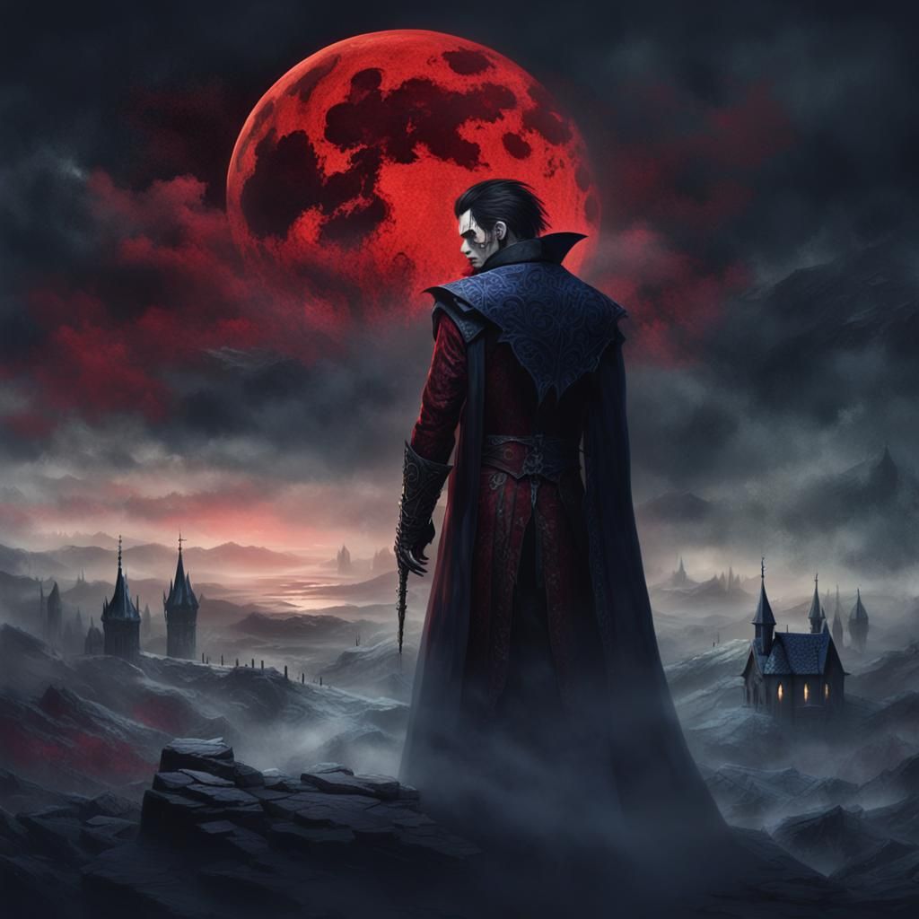 Bloodthirsty Vampire in Desolate Landscape: Dark Fantasy Art