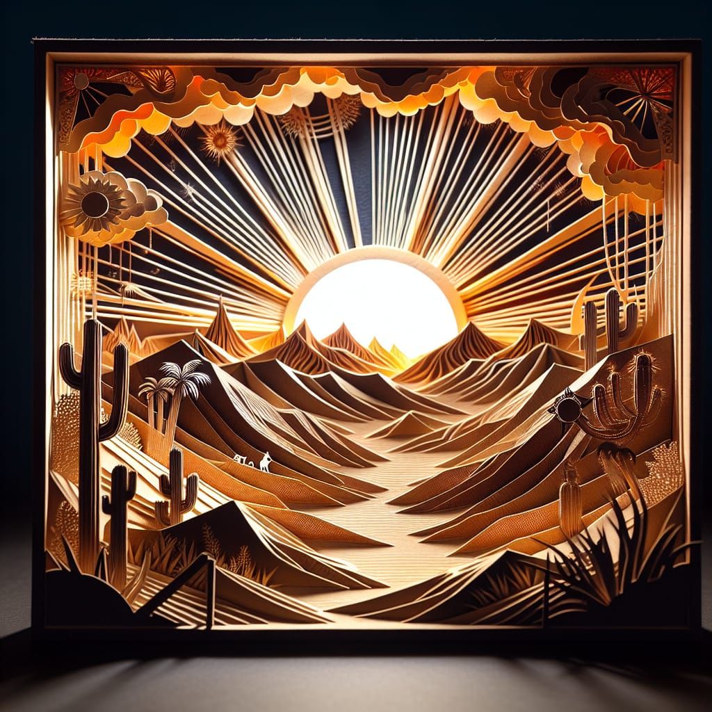 Desert Sunset Diorama in Multi-Layered Papercut Style