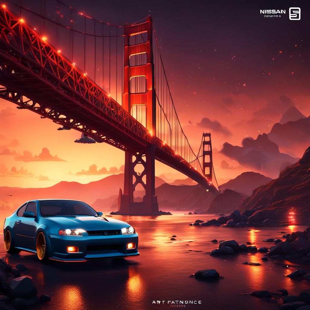 Custom Nissan at Golden Gate Bridge in Detailed Digital Art