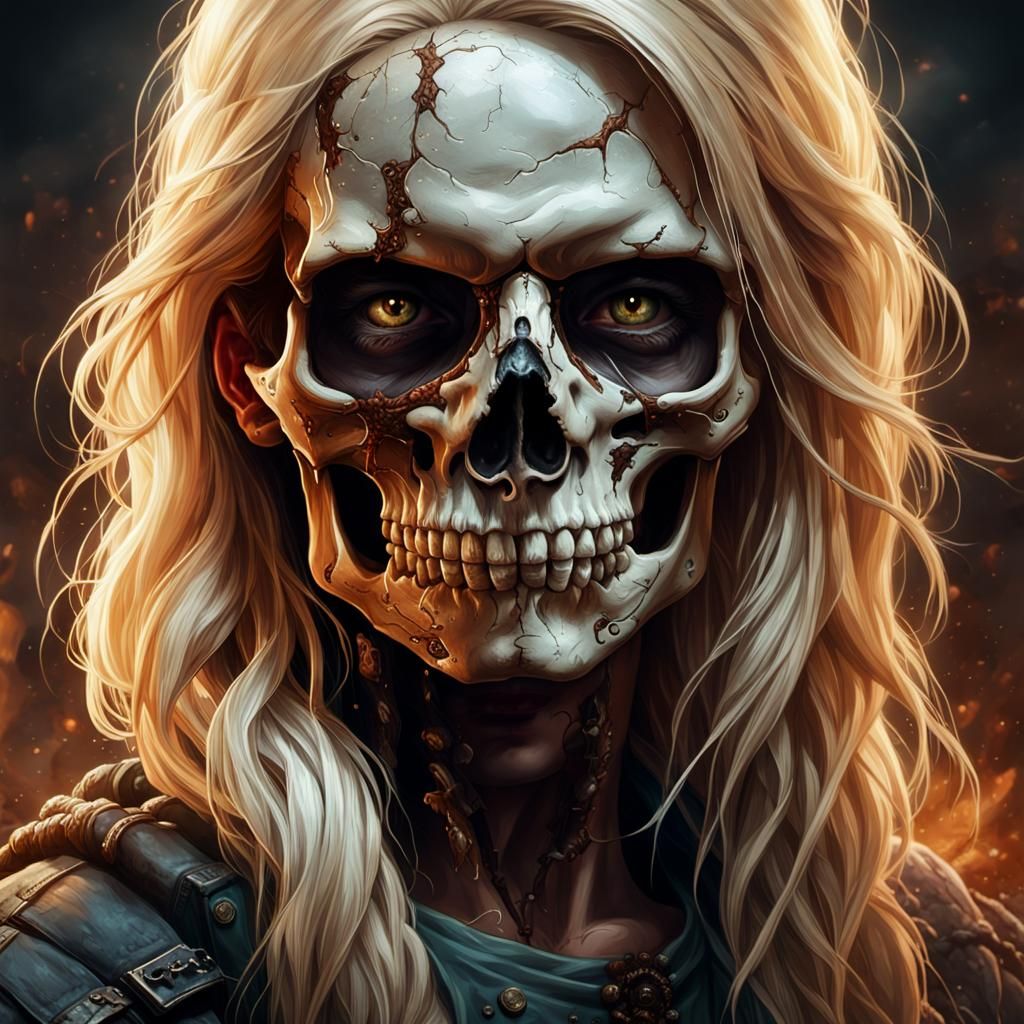 Horror Portrait of Blonde with Skull, Detailed Dark Fantasy