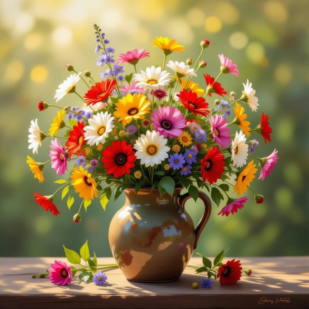 Vibrant Wildflower Bouquet in Rustic Vase - Impressionist Oi...
