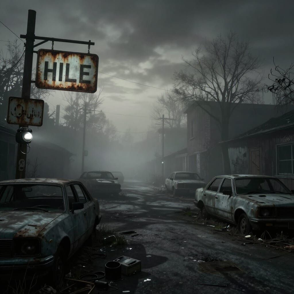 Foggy Silent Hill Street with Blaring Alarm in Horror Style