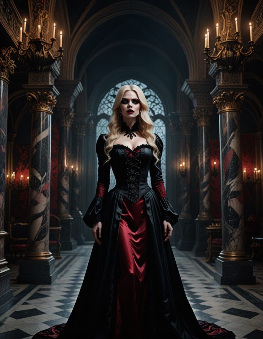 Vampire Woman in Gothic Dress in Dark Fantasy Portrait