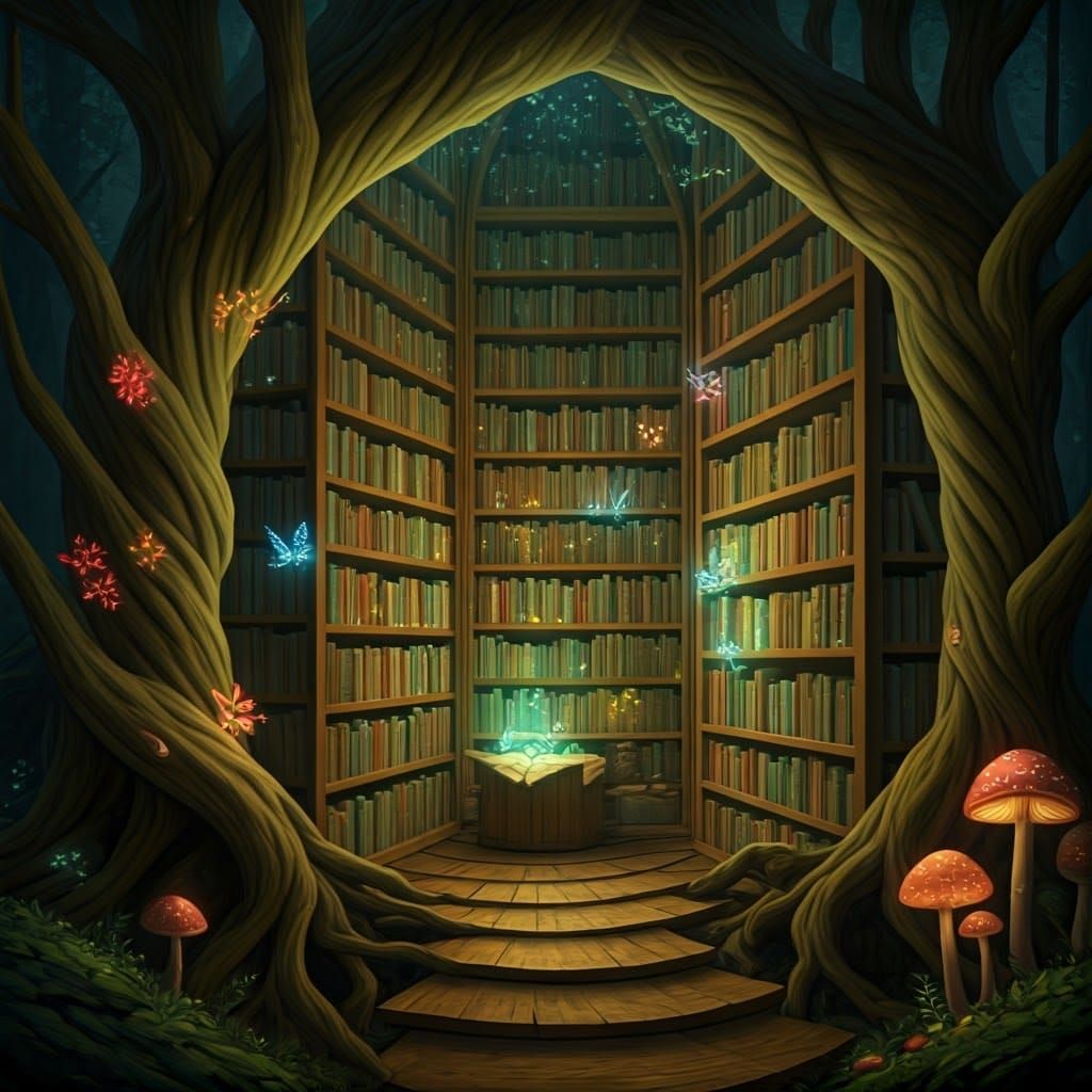 Whimsical Elven Library in a Hollow Tree