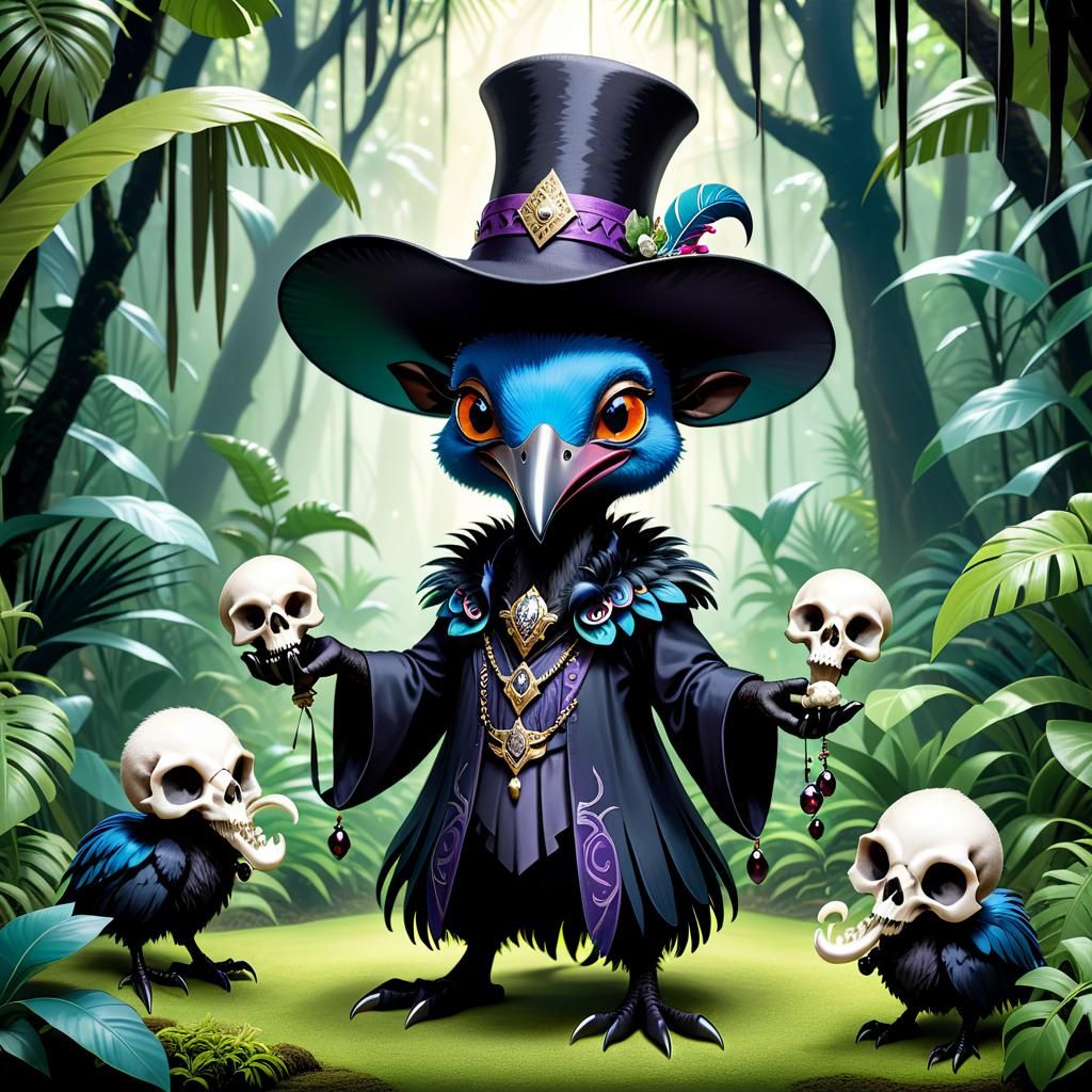 Whimsical Cassowary Voodoo Magician in Magical Jungle