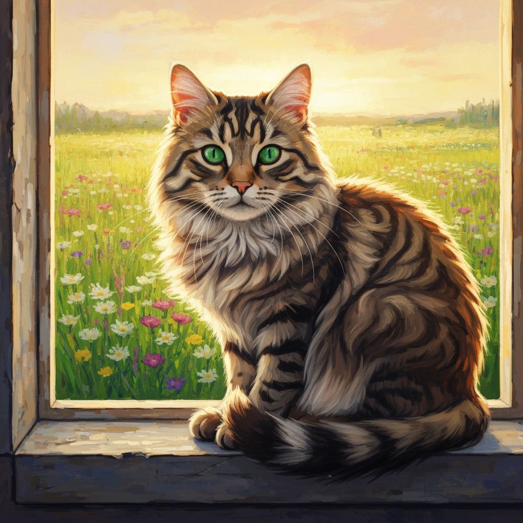 Tabby Cat in Impressionistic Meadow Sunset