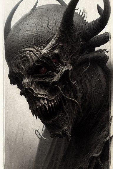 Gloomy Demon Face Charcoal Drawing in Horror Style