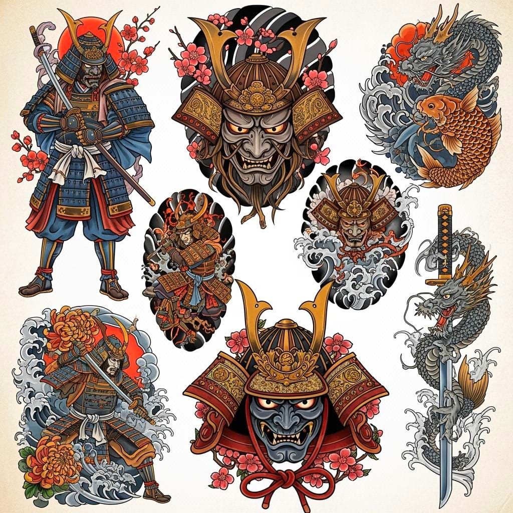 Japanese Samurai Tattoo Flash Sheet in Traditional Style