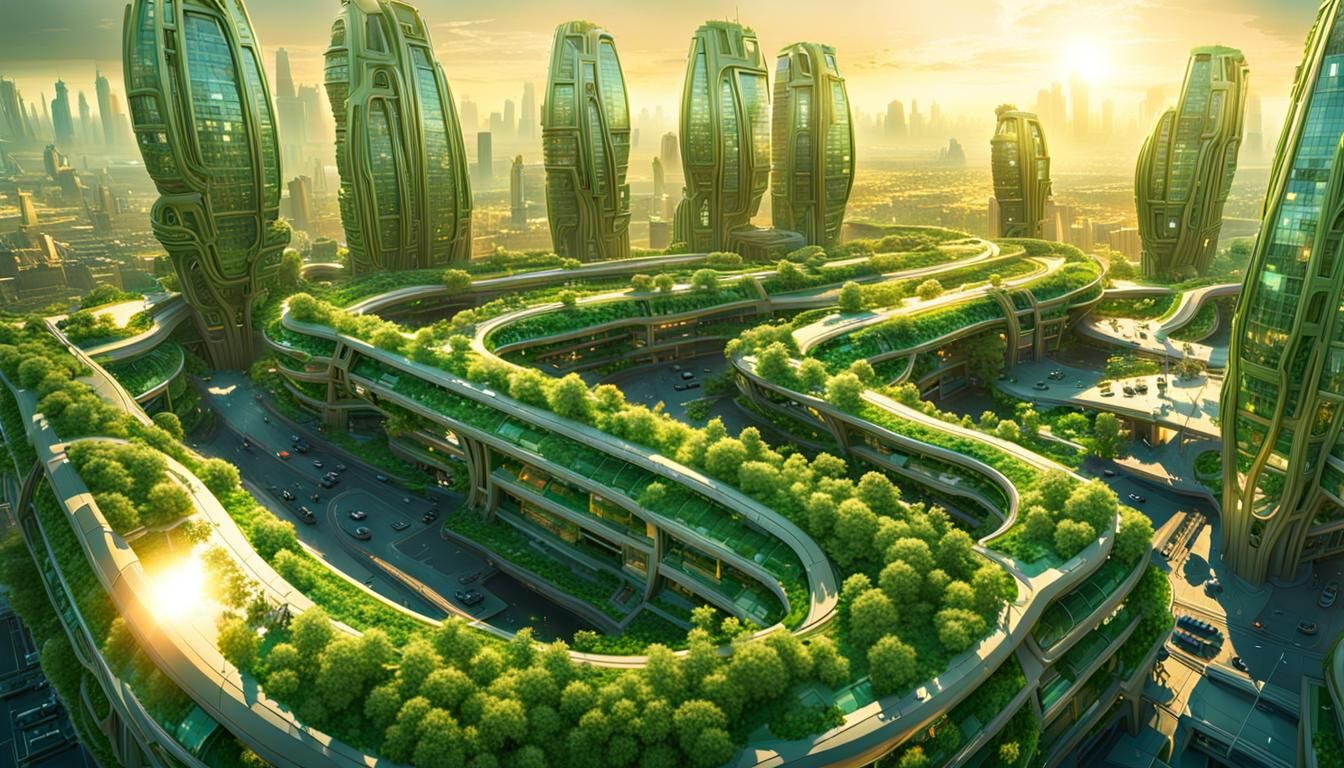 Utopian Green Vine City in Hyper Sci-Fi Style