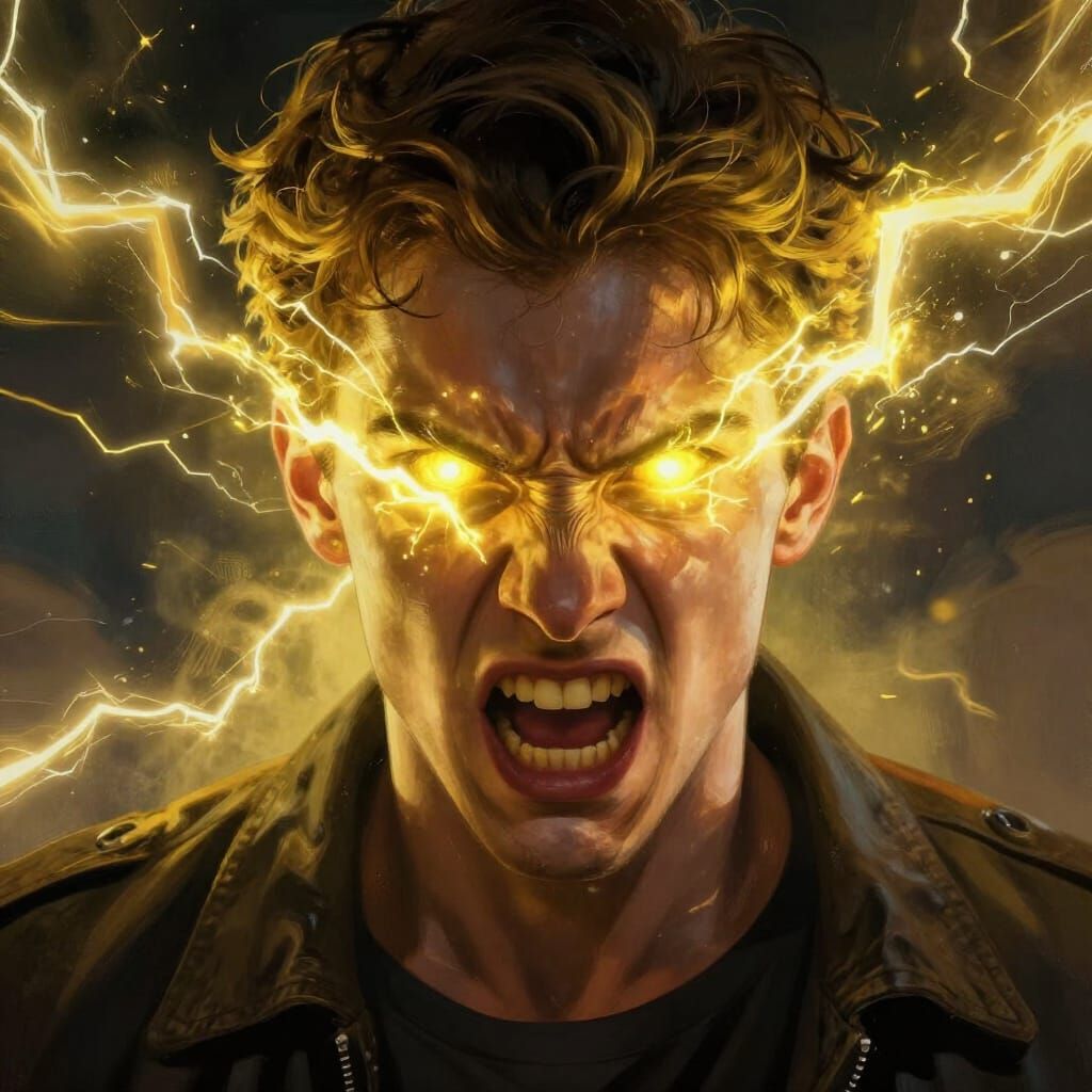 Furious Man Emitting Yellow Lightning, Dramatic Painterly St...