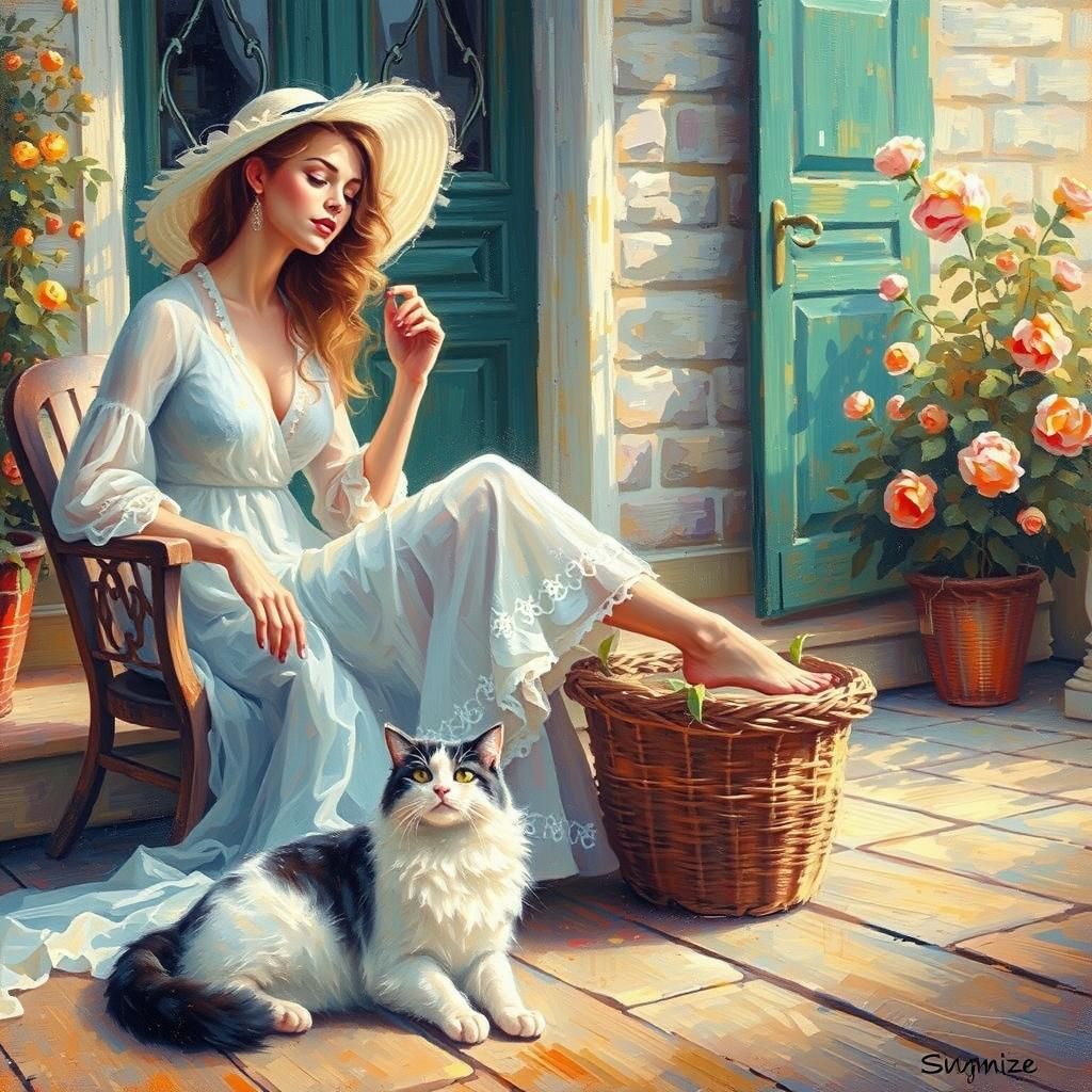 Impressionist painting, stunning woman, sitting on the porch...