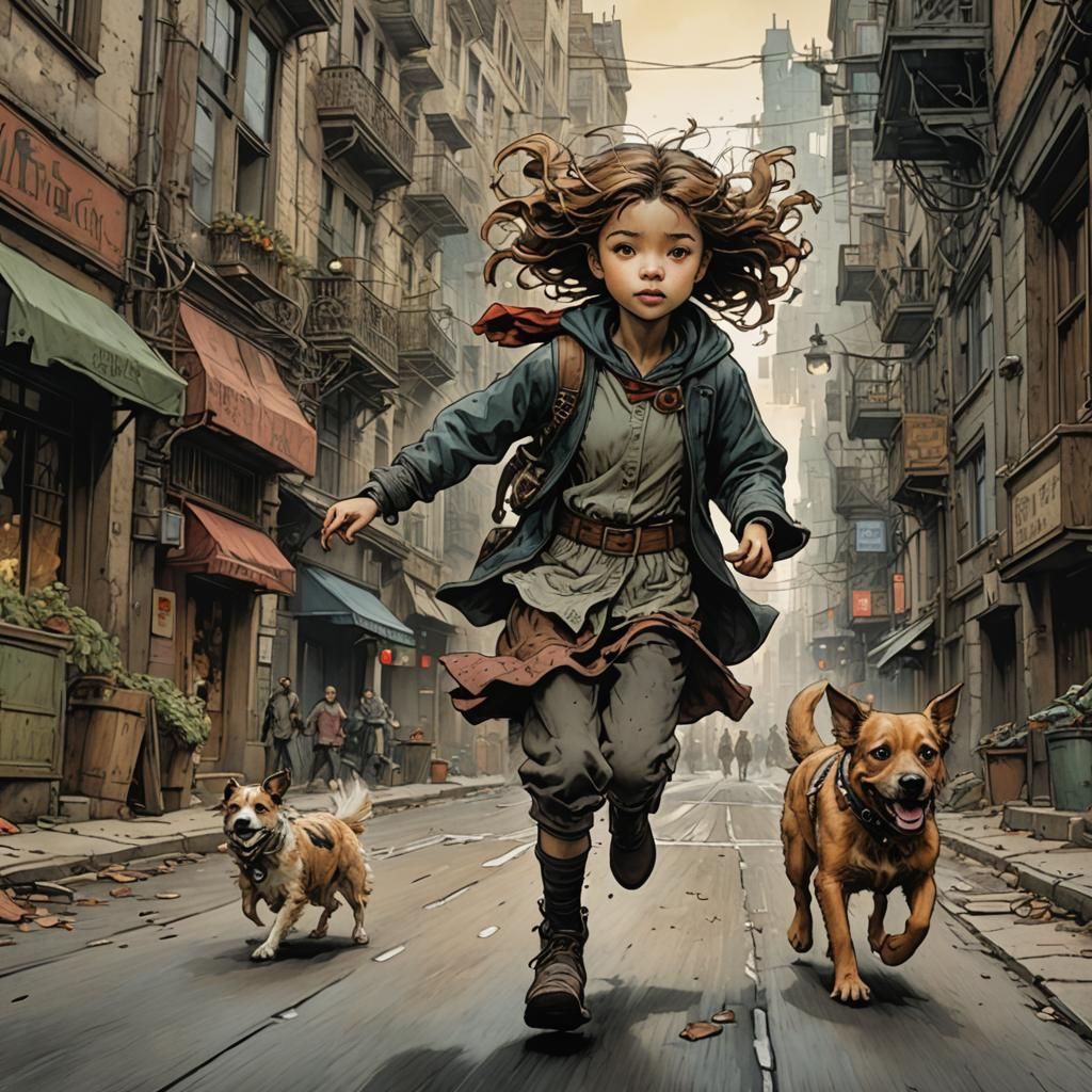 Girl and Dog Run Through City, Hyperrealistic Art