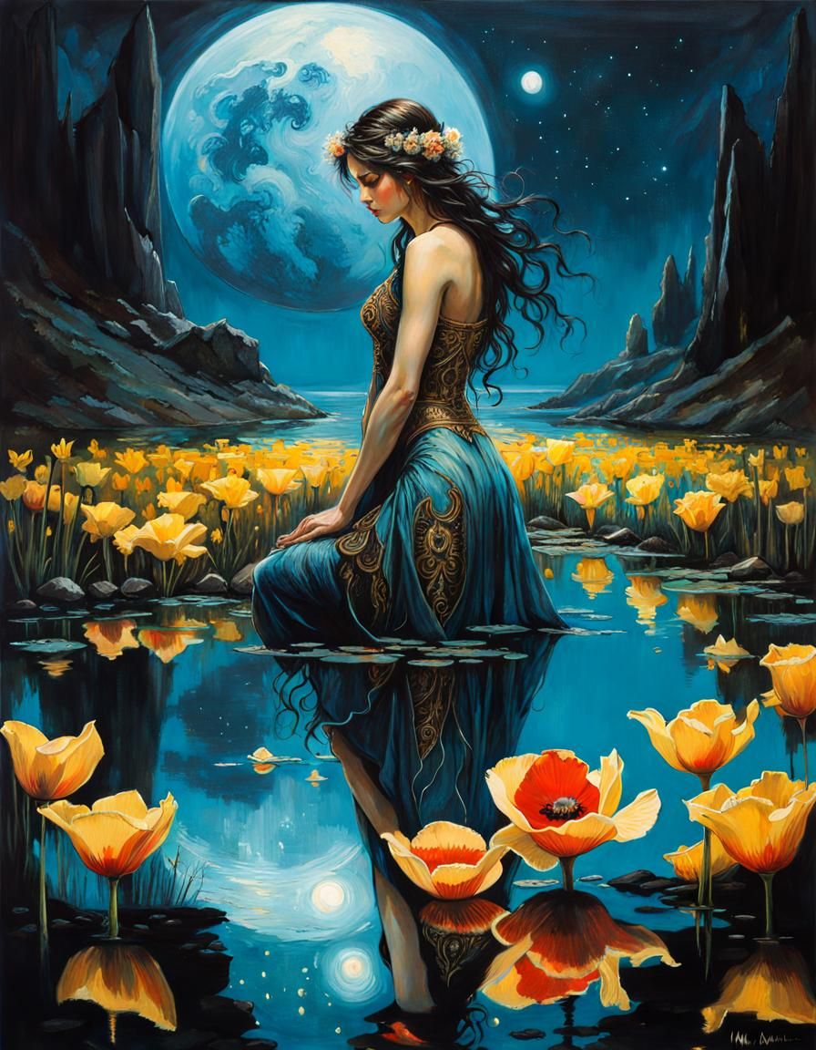 Bioluminescent Goddess Reflecting in Poppy Pond