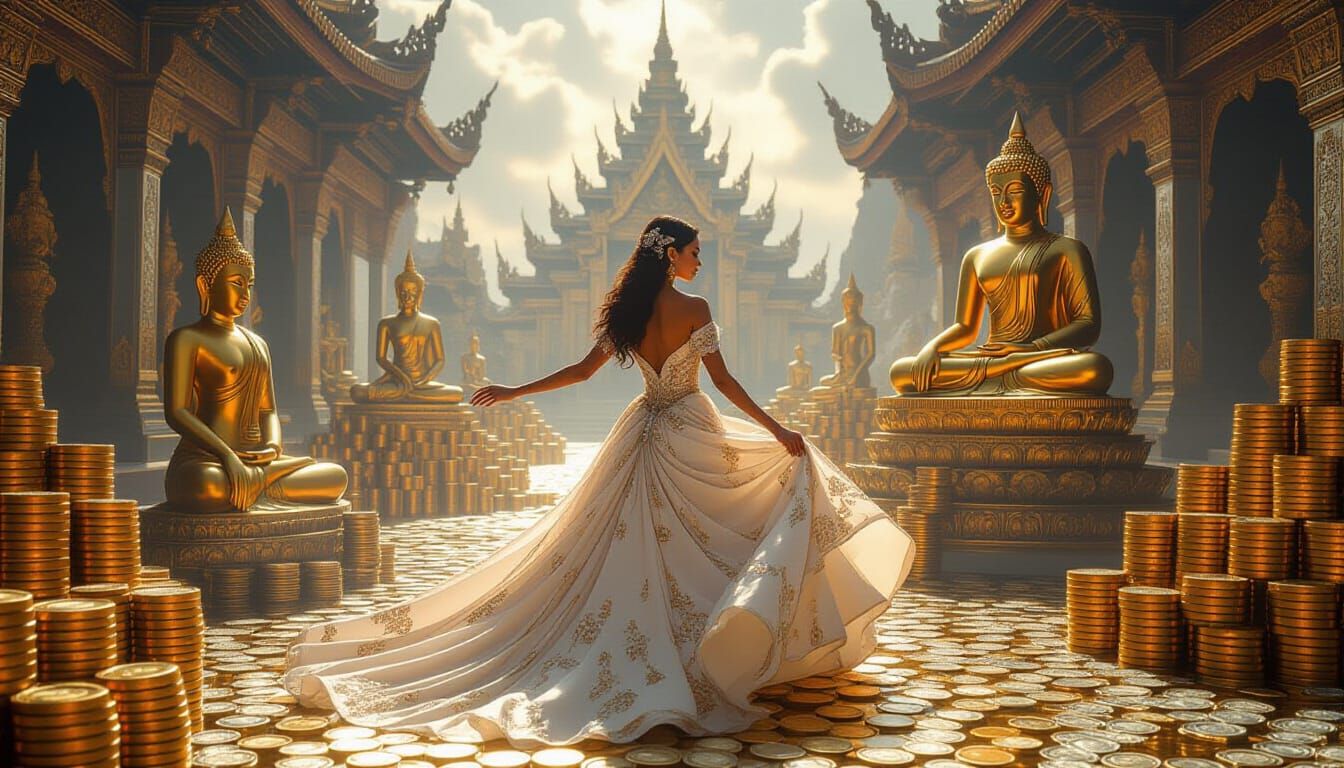 Surreal Woman Dances in Molten Gold Amidst Coin Sculptures