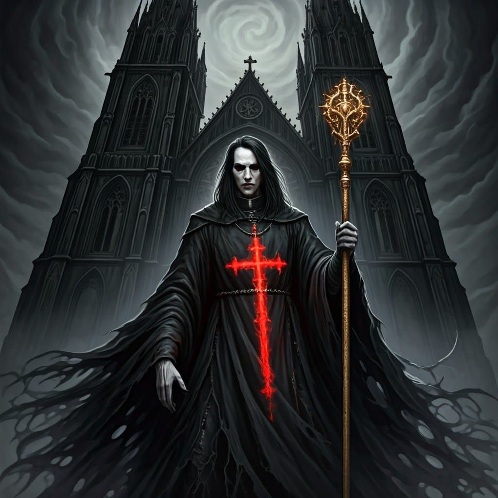 Dark Cleric with Red Cross in Gothic Cathedral