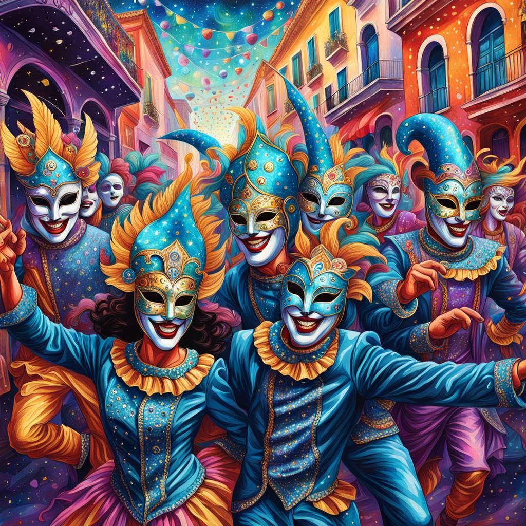 Venetian Carnival: Holographic Screen Print Illustration